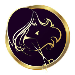 Golden scissors and a girl with curls of hair. Round badge with golden edge. Hair salon and beauty salon design
