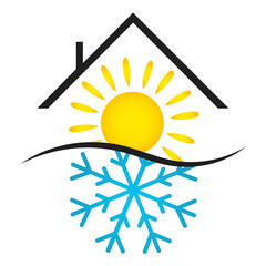 House roof sun and snowflake, symbol of air conditioning and heating