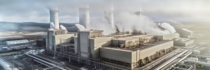 Fototapeta premium Natural gas powered turbine power plant. Wide angle photo of whole factory. Generative AI