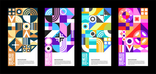 set of abstract geometric pattern poster design with touch of bright color variant composition. Useful for design of posters, presentations, backgrounds, flyers, etc.