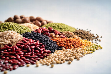 various legumes and seeds on white paper background
