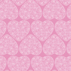 Fototapeta na wymiar Ornamental delicate pink hearts and roses seamless pattern. It can be used for cards, postcards, wedding invitation, wrapping paper, textile design, wallpaper.