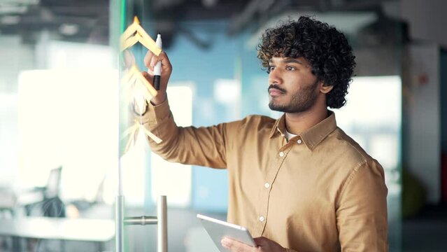 Young creative entrepreneur business man in office uses post papers sticky notes to share idea. brainstorming, Thinking concentrated male solving strategy. Using glass note wall board. Startup posted