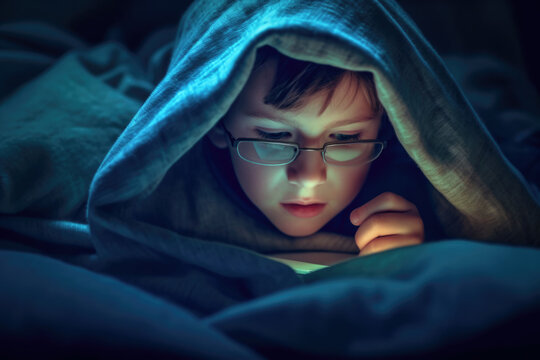 Small boy wearing glasses watching tablet or mobile phone at bed, blanket over his head. Bedtime blue light screentime can lead to worse eyesight. Generative AI