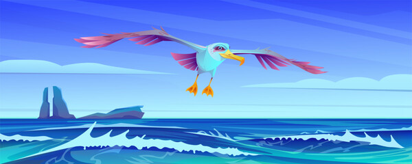 Albatross flies over the sea. Panoramic ocean view with big waves, rocky island on the horizon. Seascape, wildlife, albatross flight in natural habitat. Cartoon character. Vector illustration.