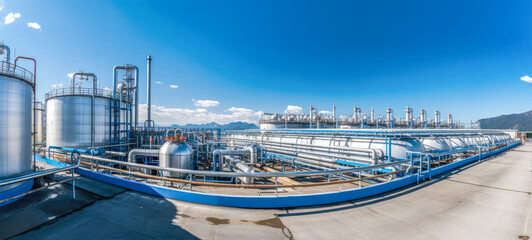 Hydrogen power plant, large steel tanks and pipes, wide angle photo. Clean H2 energy concept as imagined by Generative AI - obrazy, fototapety, plakaty