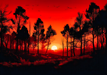 sunset over trees in red background