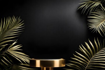Golden podium with palm leaves on black background