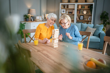 two senior women friends or sisters play leisure board game at home