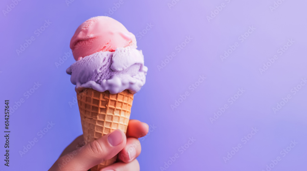 Poster hand of child holding ice cream cone on violet background with a copy space, generative ai