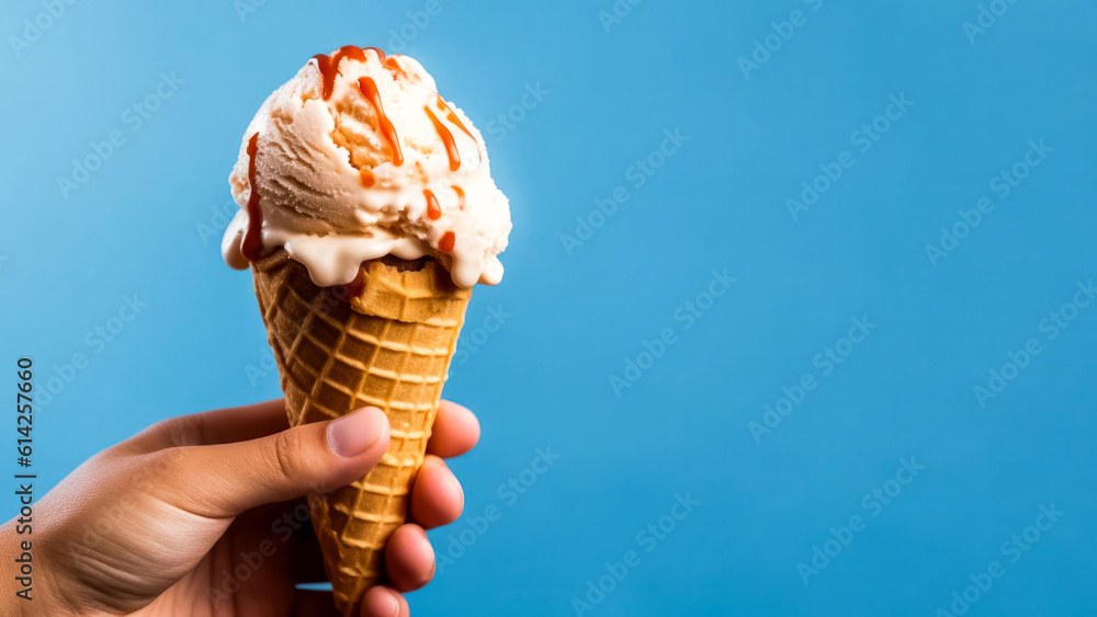 Poster Hand holding ice cream cone on blue background with a copy space, Generative AI