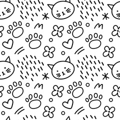 Cat muzzle, paws, flowers, decorative elements black and white seamless pattern for wallpapers, textiles, fabrics, wrapping paper