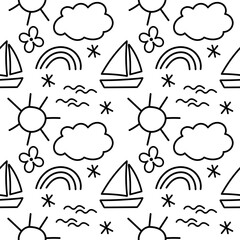 Sailboat, clouds, sun, rainbow, sea waves, flowers, decorative elements black and white seamless pattern for wallpapers, textiles, fabrics, wrapping paper