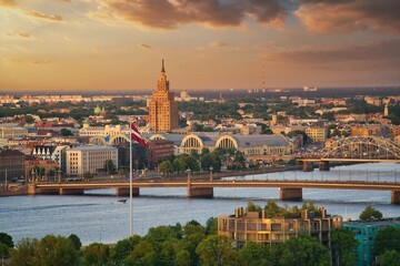 Fototapeta na wymiar Old Town of Riga on dramatic sunrise, Latvia