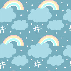 Clouds, rainbow and rain in cartoon style seamless pattern for wallpapers, textiles, fabrics, wrapping paper