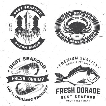 Set of best seafood badges. Fresh dorade, octopus, shrimp, shrimp, dressed crab, squid delicious. Vector. For seafood emblem, sign, patch, shirt, menu restaurants with dorade, octopus, shrimp, mussels