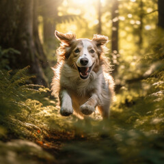Dog running in forest with sun in background 