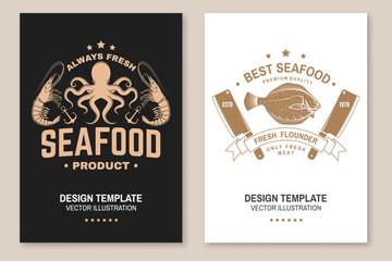 Set of fresh seafood retro poster, banner with shrimp, octopus and alaska sole or flounder. Vector. For seafood emblem, sign, menu restaurants, fish markets, stores with shrimp, octopus and alaska