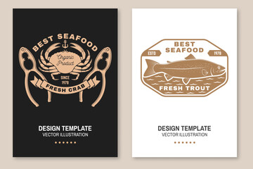 Set of fresh seafood retro poster, banner with fresh trout, crab and crab Cracker. Vector illustration. For seafood emblem, sign, patch, shirt, menu restaurants, fish markets, stores with trout, crab © sivvector