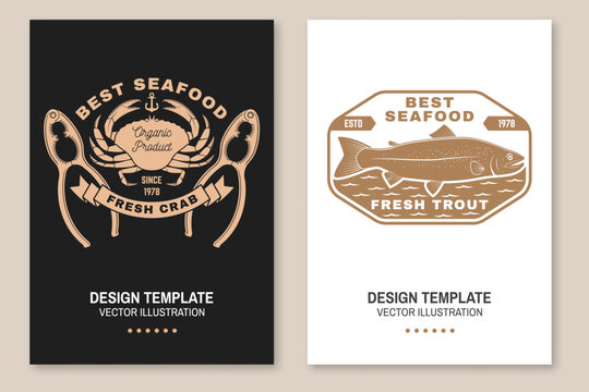 Set of fresh seafood retro poster, banner with fresh trout, crab and crab Cracker. Vector illustration. For seafood emblem, sign, patch, shirt, menu restaurants, fish markets, stores with trout, crab