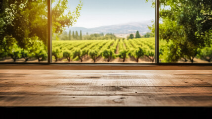 Empty wooden table near open window with orchard view, background, copy space, Generative AI