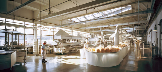 Workers walking at sun lit hall, conveyor belts and steel shelves with raw materials. Inside of large scale food processing factory as imagined by Generative AI