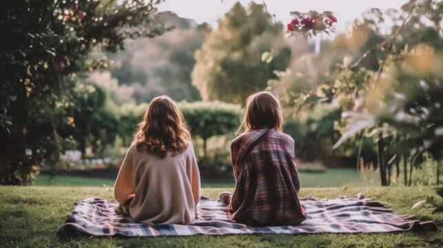 Two girls sitting on picnic plaid in garden, back view, evening light, summer time, copy space