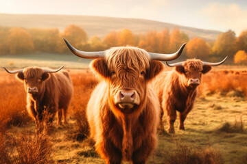 highland cows in the field, Generative AI