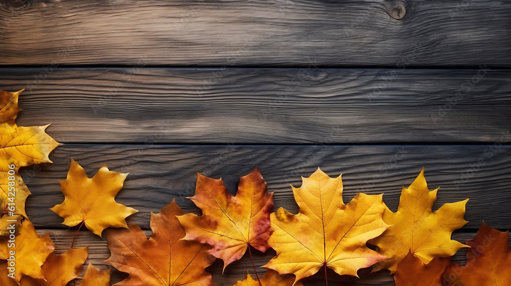 Aufkleber autumn leaves over wooden background with copy space.created with generative ai technology.