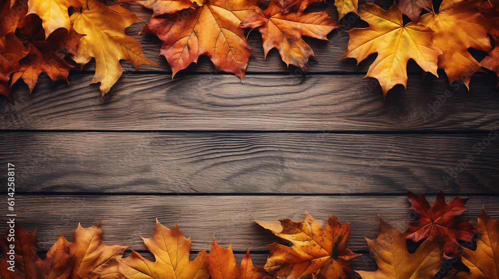 Poster autumn leaves over wooden background with copy space.created with generative ai technology.