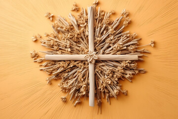 Culture and religion concept. Top view of christian cross made of dry twigs placed on bright background with copy space. Generative AI