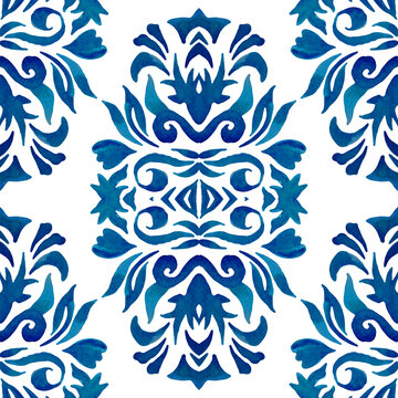 Watercolor hand drawn floral design. Seamless pattern. Blue and white damask azulejo decorative element.