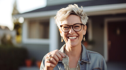 Happy middle aged woman holding the keys to her new home.Created with Generative AI technology. - obrazy, fototapety, plakaty