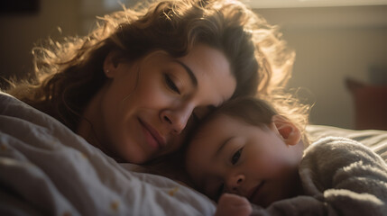 Young mother and her son sleeping peacefully in bed.Created with Generative AI technology.