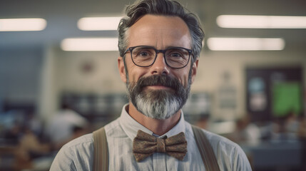Obraz premium Middle-aged male teacher standing against school class.Created with Generative AI technology.