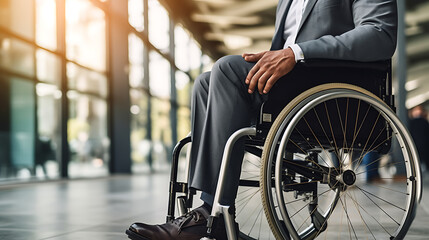 Fototapeta premium Businessman in a wheelchair in a modern office.Created with Generative AI technology.