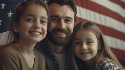 Happy family celebrating fourth july Independence Day in front of american flag.Created with Generative AI technology.