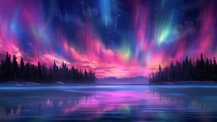 landscape with vibrant light reflections resembling the aurora borealis
