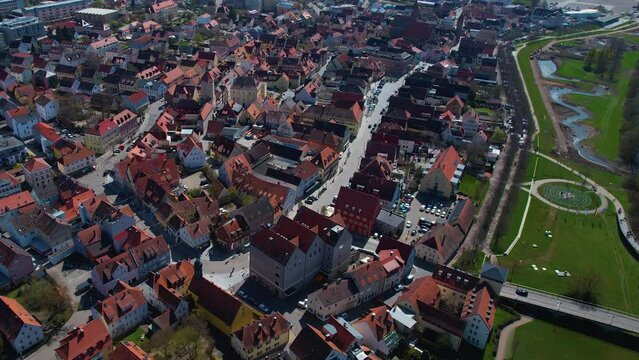 Aerial around the old town Gunzenhausen in Germany on a sunny day in spring