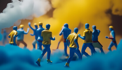 Fototapeta na wymiar Football fans man toy figures. Yellow Blue.
