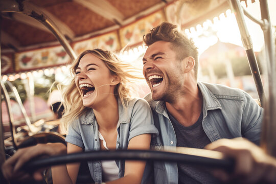 Excited young couple enjoying a thrilling, high-speed ride in the amusement park