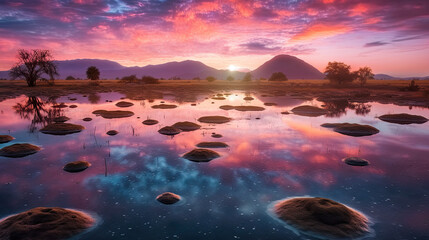 Fototapeta na wymiar sunrise over the lake. Generative AI image.