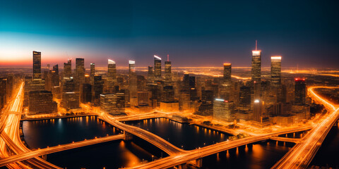 Fototapeta premium Evening panorama of a big city with skyscrapers from the height of a helicopter or drone with blurred car headlights on a long exposure. Copy space for advertising text. Generative AI.