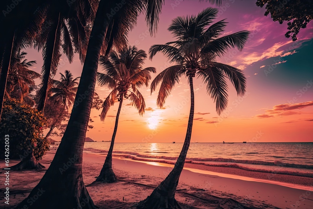 Poster beautiful tropical sunset beach with palm palms and pink sky for travel and vacation during the holi