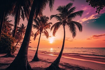 Beautiful tropical sunset beach with palm palms and pink sky for travel and vacation during the holiday season. Generative AI