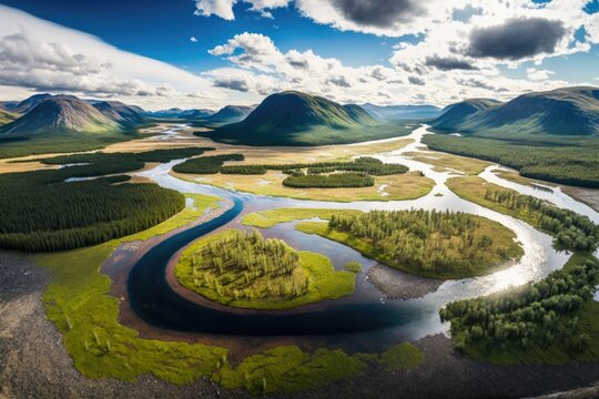 Aerial panorama of the Sarek National Parks glacial Rapadalen river delta valley with meanders, lakes, mountains, and birch trees. Sweden during the summer Lapland. Generative AI