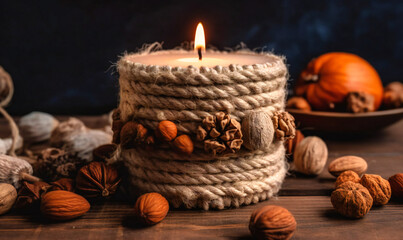 Fototapeta na wymiar a candle containing cinnamons and nuts with lights