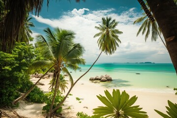 A tropical beach and palm tree leaves. Generative AI