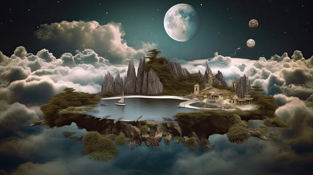 floating island landscape with moon. Generative AI image.