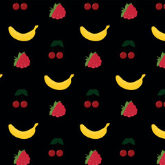 Summer pattern. Pattern with frets. Pattern with fruits on a black background. Vector illustration